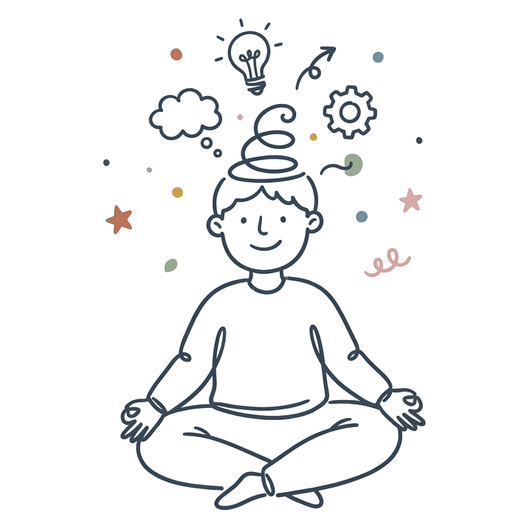 Hand-drawn line illustration of a seated person with a reflective spiral thought above