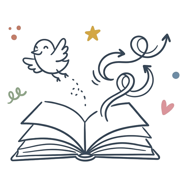 Hand-drawn line illustration of an open book with a bird rising from the pages